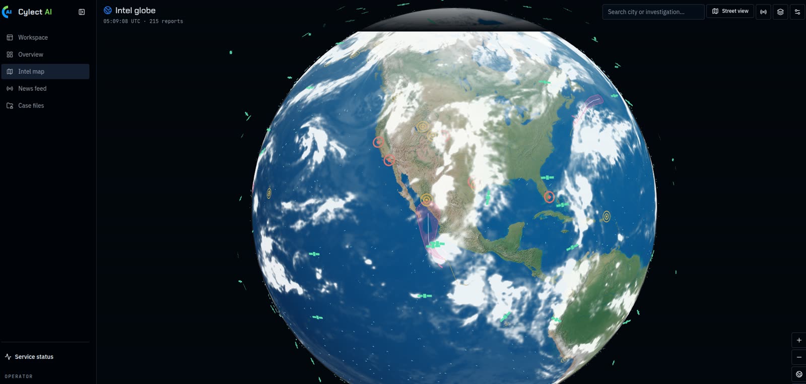 Cylect AI Intel globe with satellite tracks, earthquake rings and storm forecast cones over the Americas